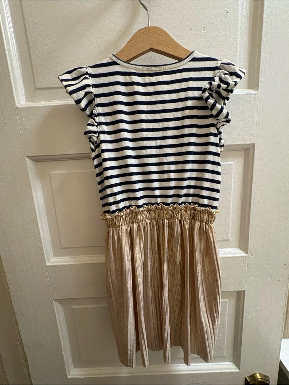 Crewcuts Navy & White Striped Top with Tan Pleated Skirt Dress